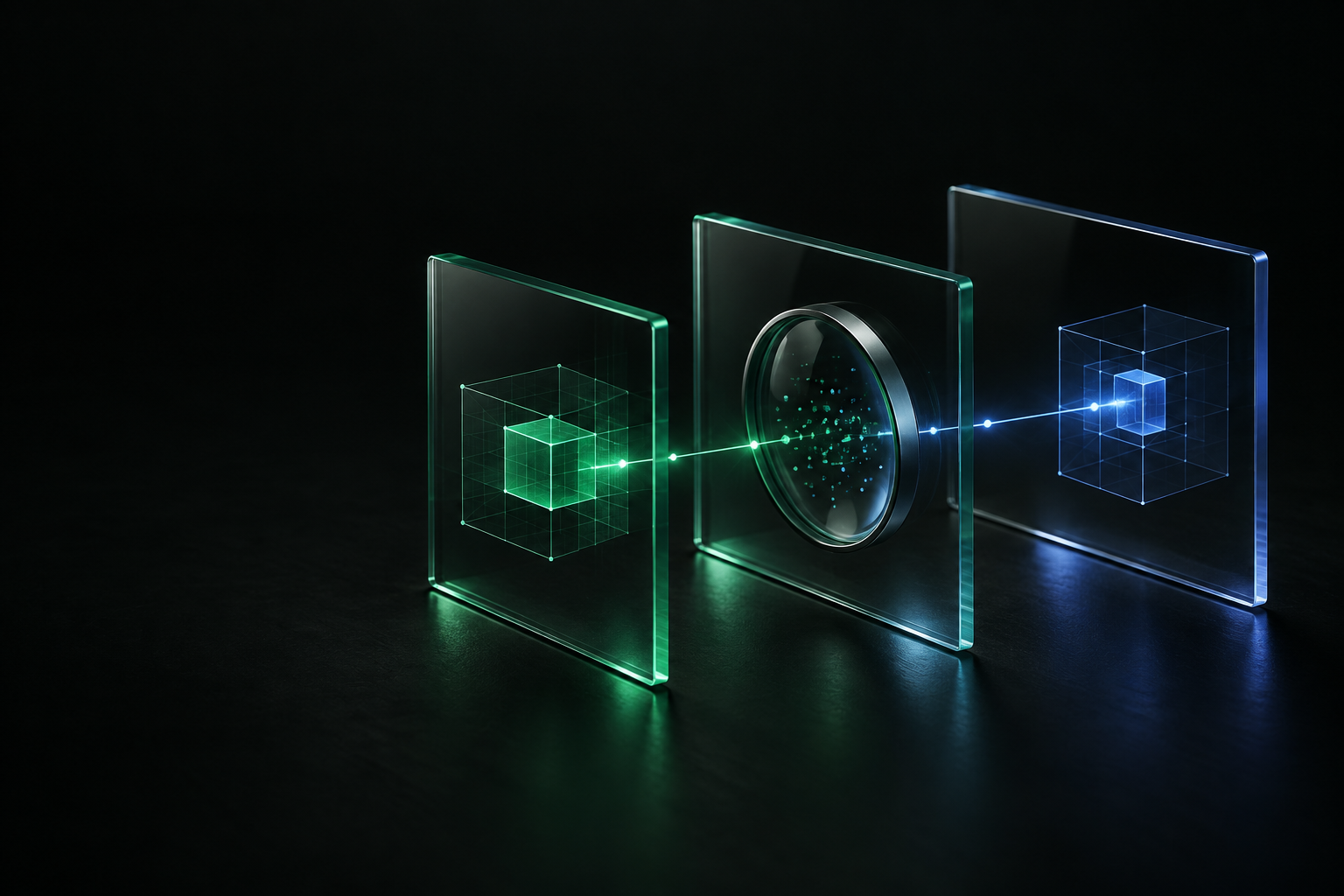 Conceptual glass frames defining a testing boundary, lit in green and blue